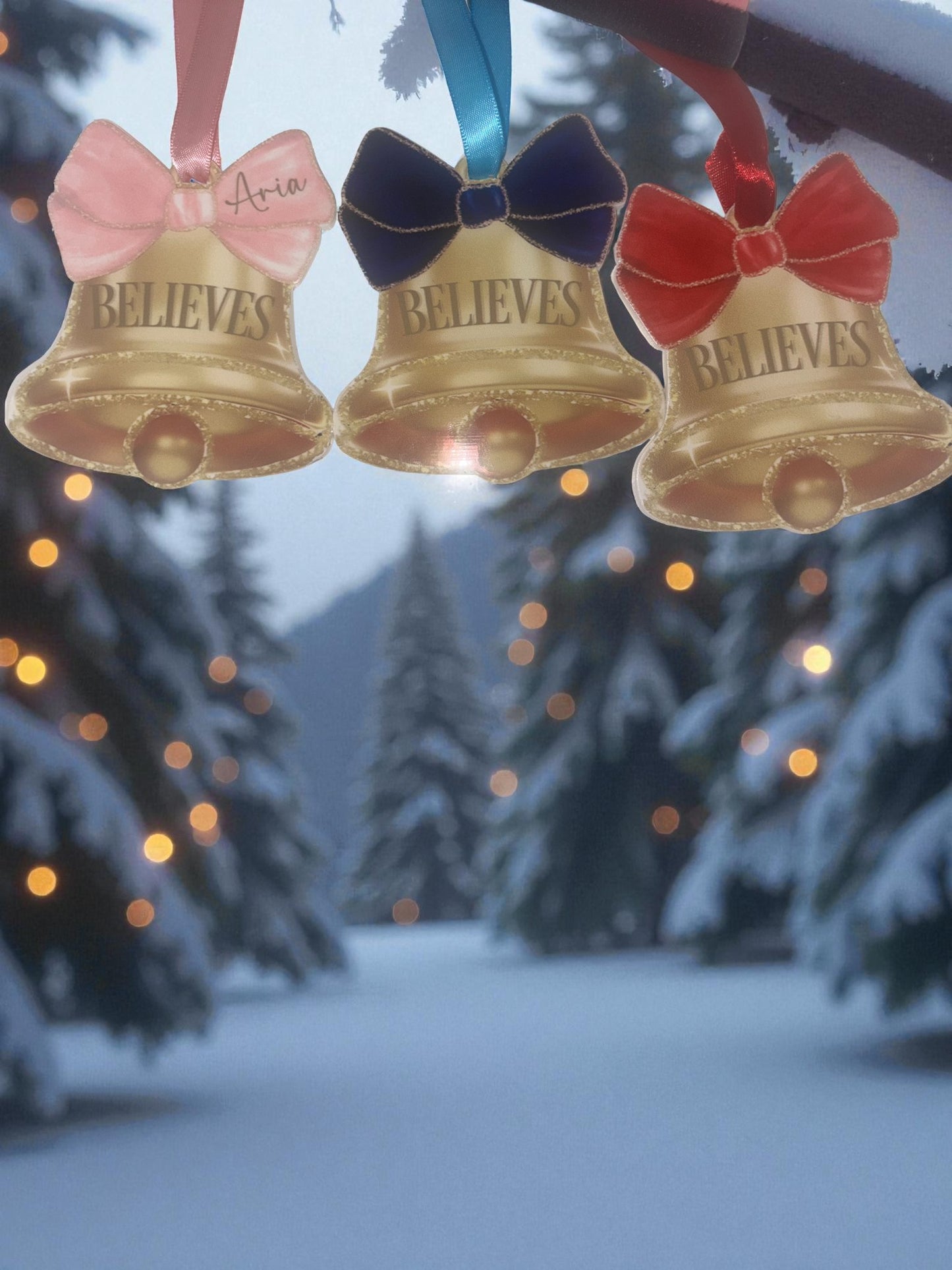 Acrylic Hanging Believe Bells with Coloured Bows